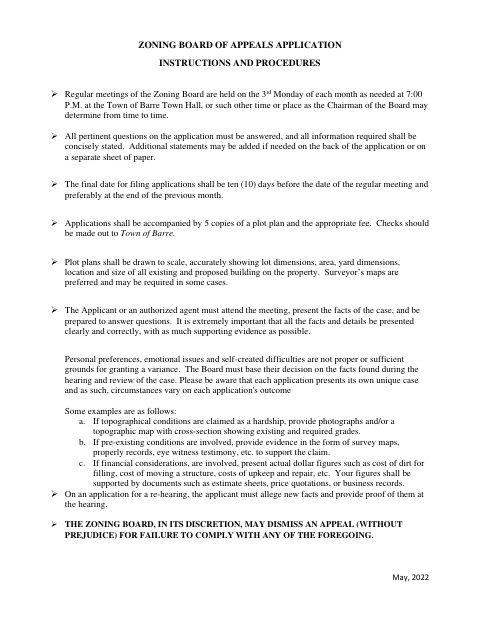 First page of the Zoning Board of Appeals Application
