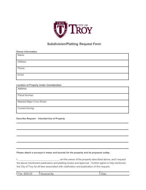 First page of the Subdivision/Platting Request Form