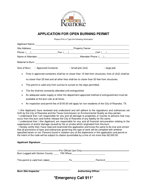 First page of the Application for Open Burning Permit