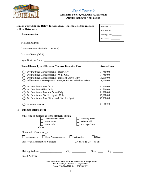 First page of the Alcohol License Renewal
