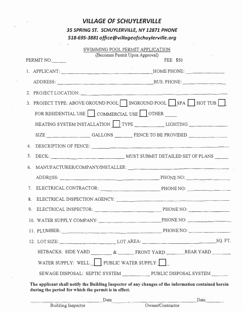 First page of the Swimming Pool Permit Application