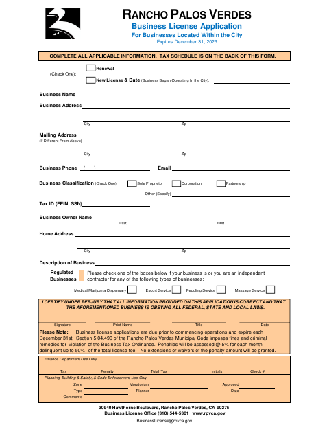 First page of the Business License Application for Businesses Located Within the City