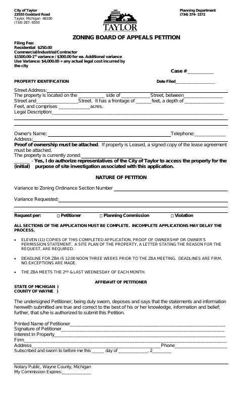 First page of the Zoning Board of Appeals Petition