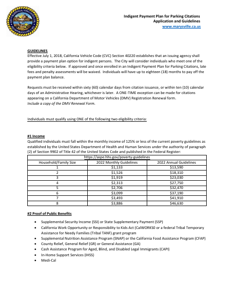 First page of the Indigent Payment Plan for Parking Citations Application and Guidelines