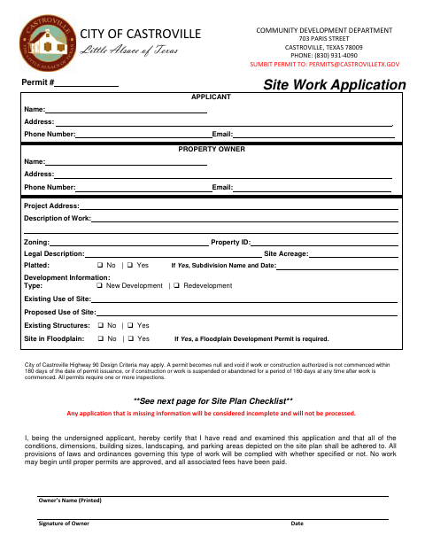 First page of the Site Work Application