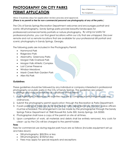 First page of the Photography on Parks Permit Application