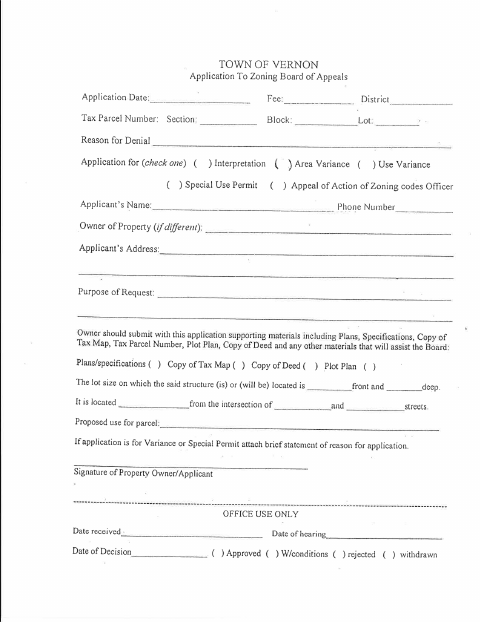 First page of the Zoning Board of Appeals Application