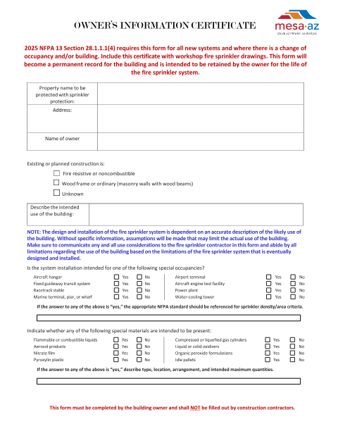 First page of the Owners Information Certificate - Fire Sprinklers