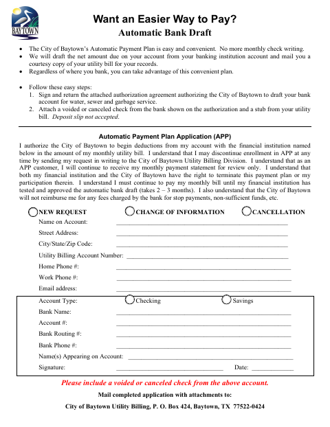 First page of the Automatic Payment Plan Application