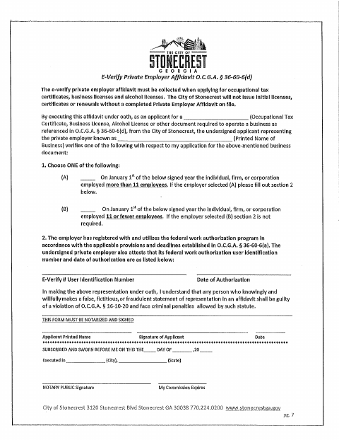 First page of the E-Verify Private Employer Affidavit