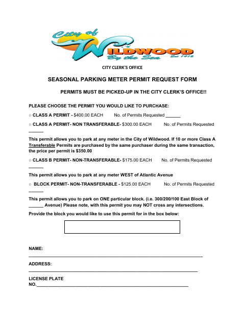 First page of the Seasonal Parking Meter Permit Request Form
