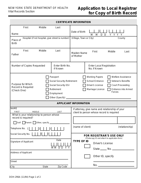 First page of the Birth Certificate Request