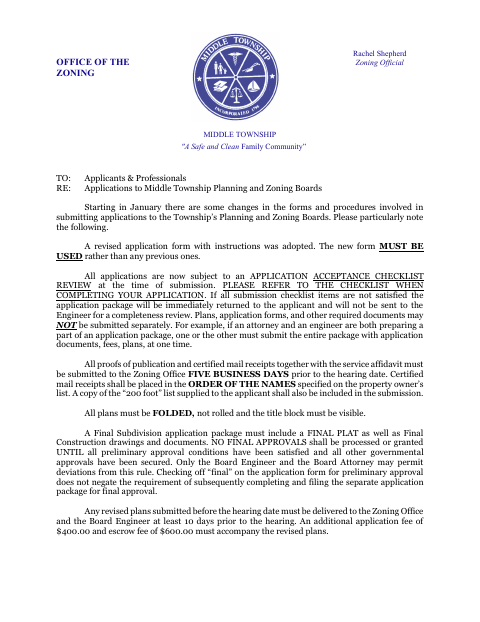 First page of the Planning Board Application