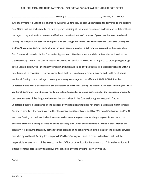 First page of the Authorization for Third-Party Pick-Up of Postal Packages