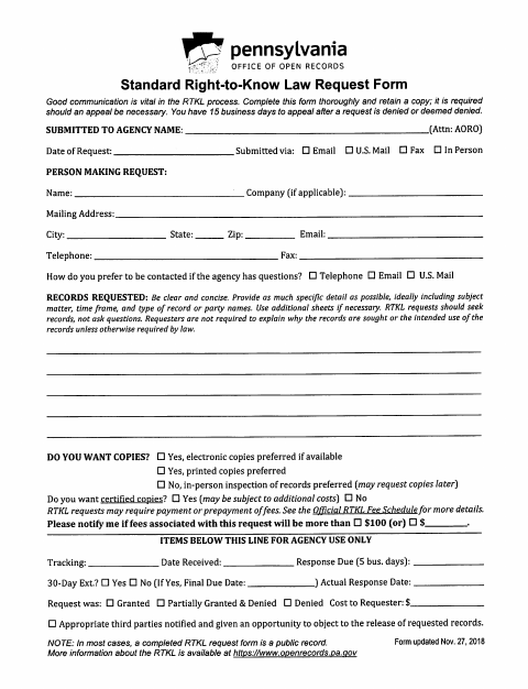 First page of the Standard Right-To-Know Law Request Form
