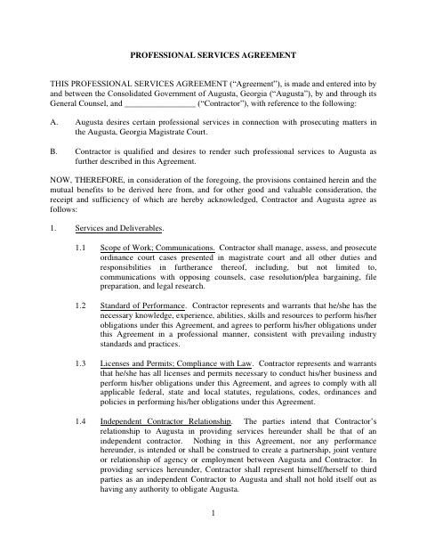 First page of the Professional Services Agreement