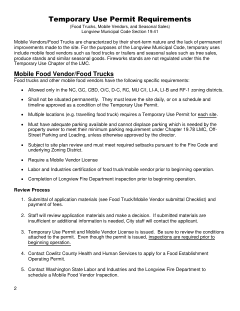 First page of the Temporary Use Permit Application for Seasonal Sales or Food Trucks