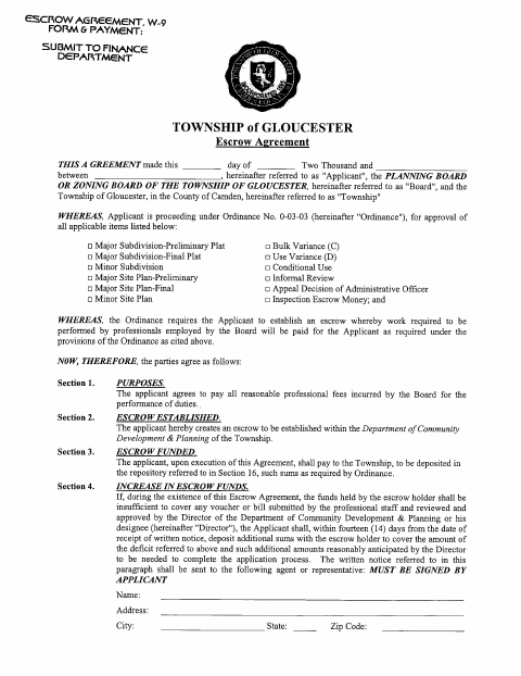 First page of the New Homes Escrow Agreement and W-9 Forms