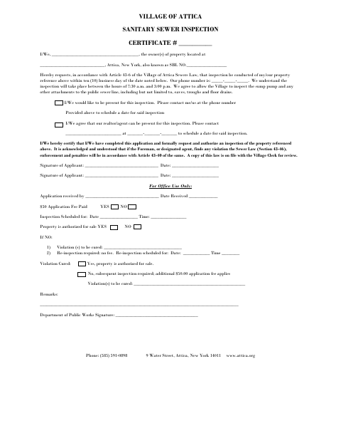 First page of the Sanitary Sewer Inspection Certificate