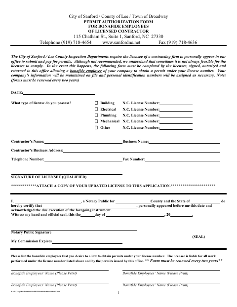 First page of the Permit Authorization for Bona Fide Employees