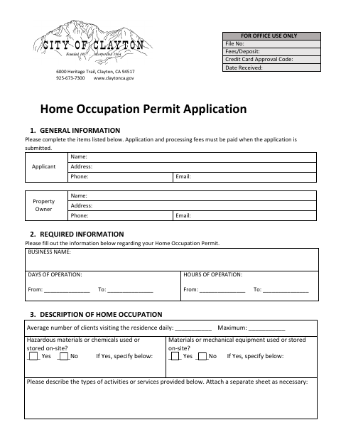 First page of the Home Occupation Permit Application