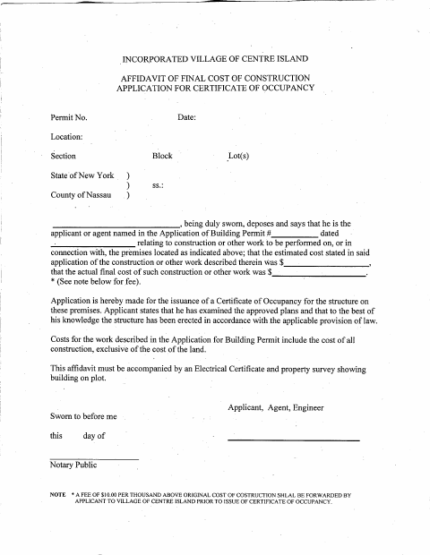 First page of the Affidavit of Final Cost of Construction