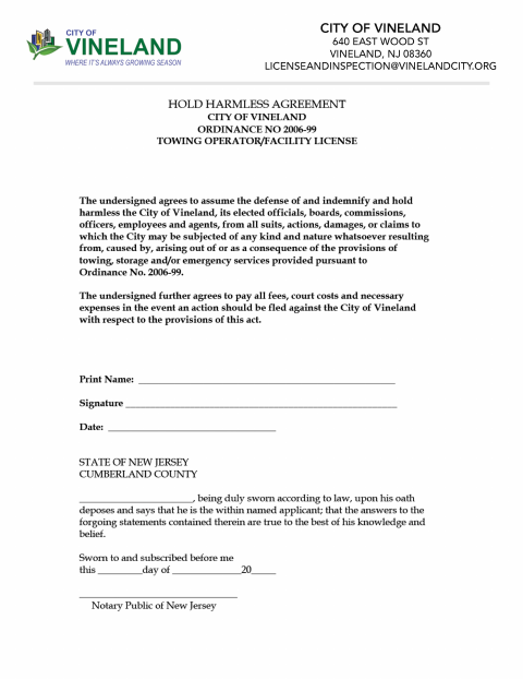 First page of the Hold Harmless Agreement
