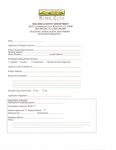 First page of the Building Application and Permit Extension Request