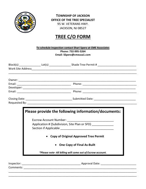 First page of the Tree C/O Form