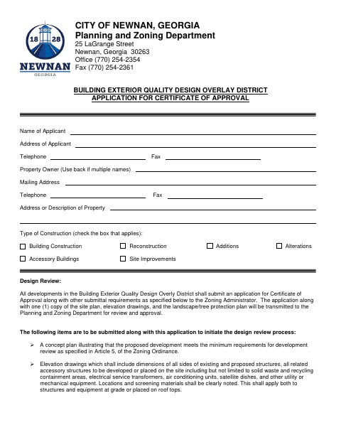 First page of the Building Exterior Quality Design Overlay District Application for Certificate of Approval