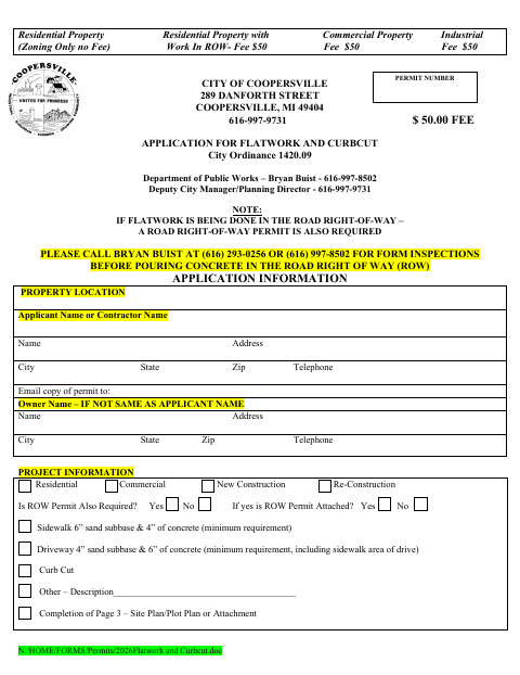 First page of the Application for Flatwork and Curbcut