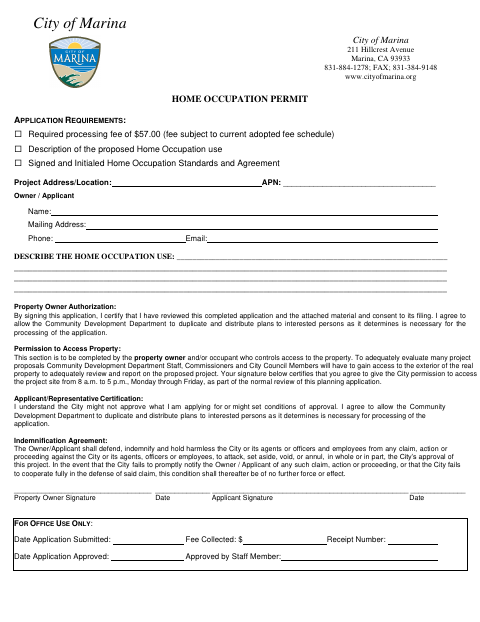 First page of the Home Occupation Permit Application