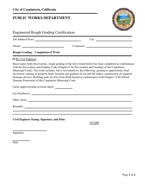First page of the Engineered Rough and Final Grading Certification Forms
