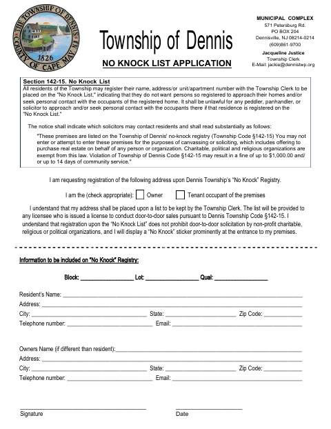 First page of the No Knock List Application
