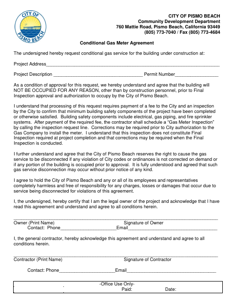 First page of the Conditional Gas Meter Agreement