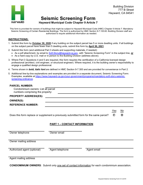 First page of the Seismic Screening Form