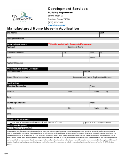 First page of the Manufactured Home Move-In Application