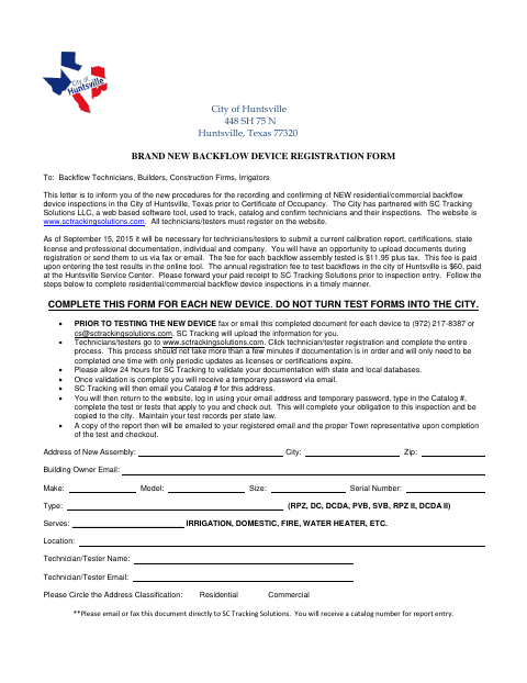 First page of the Brand New Backflow Device Registration Form