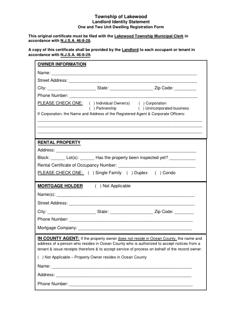 First page of the Landlord Identity Statement and One and Two Unit Dwelling Registration Form