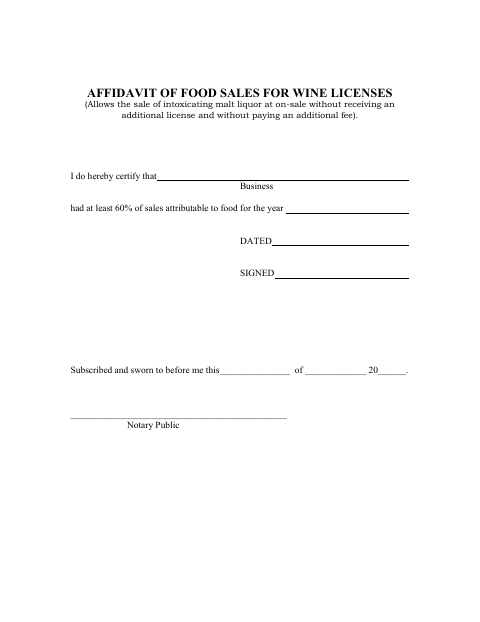 First page of the Affidavit of Food Sales for Wine Licenses