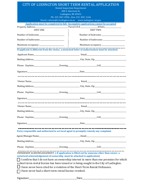 First page of the Short Term Rental Application