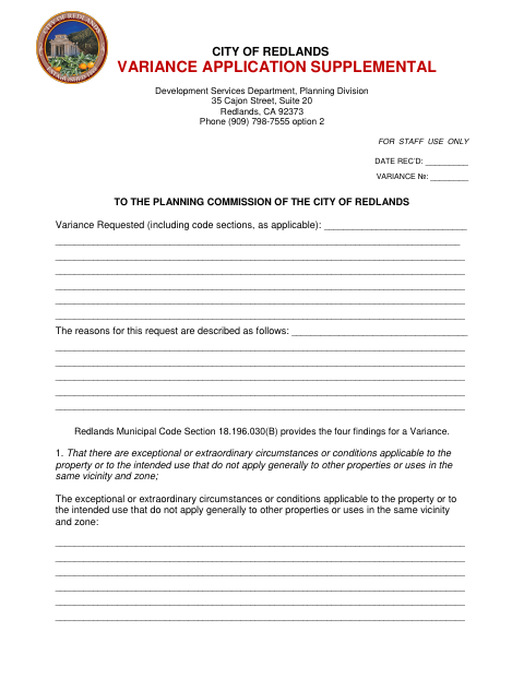 First page of the Variance Application Supplemental