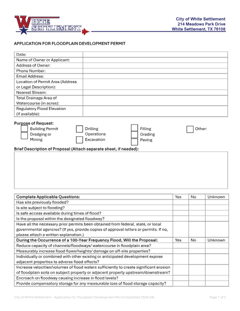 First page of the Floodplain Development Permit Application