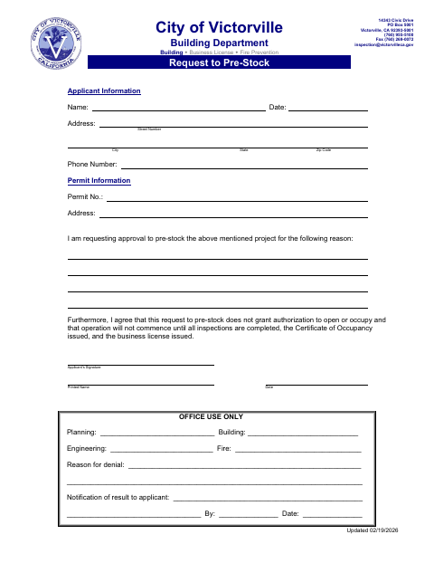 First page of the Request to Pre-Stock