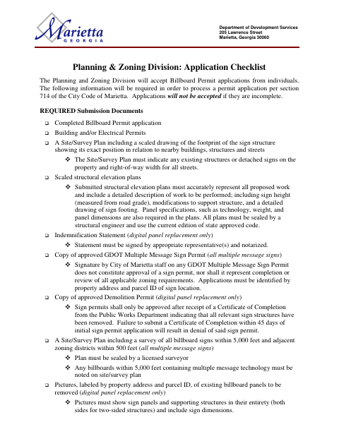 First page of the Billboard Permit Application And Indemnification Agreement
