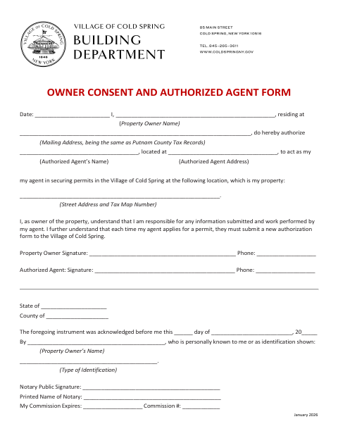 First page of the Owner Consent and Authorized Agent Form
