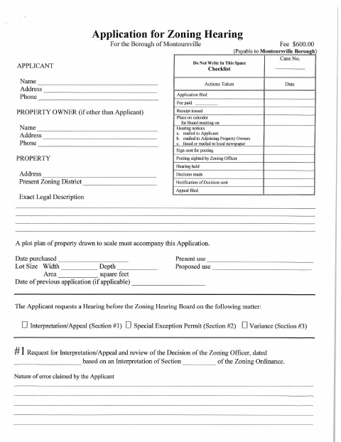 First page of the Zoning Hearing Variance Application