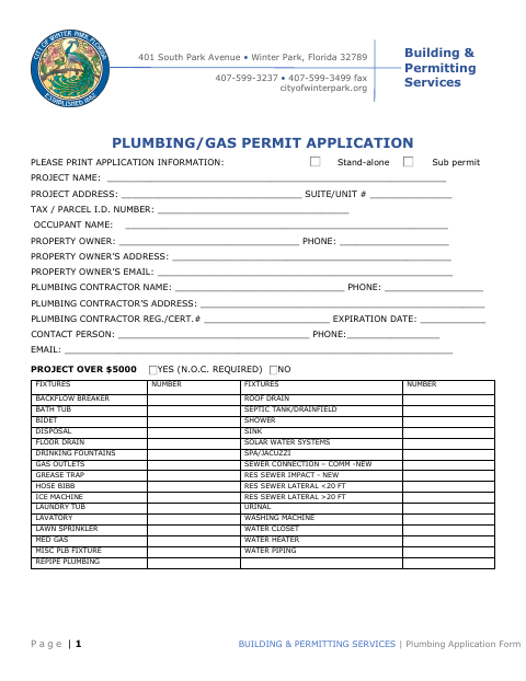 First page of the Plumbing/Gas Permit Application