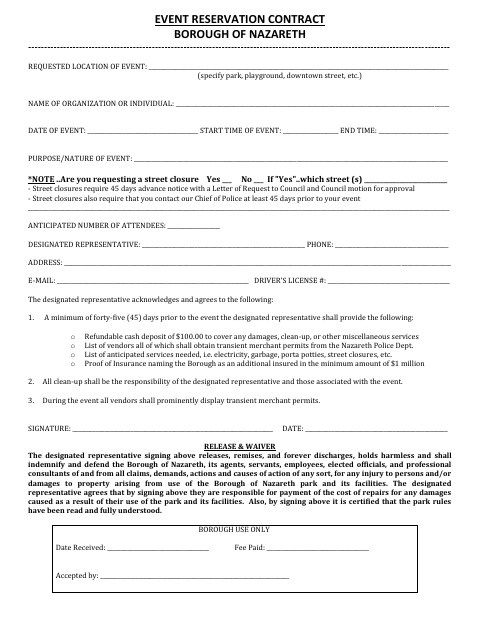 First page of the Event Reservation Contract