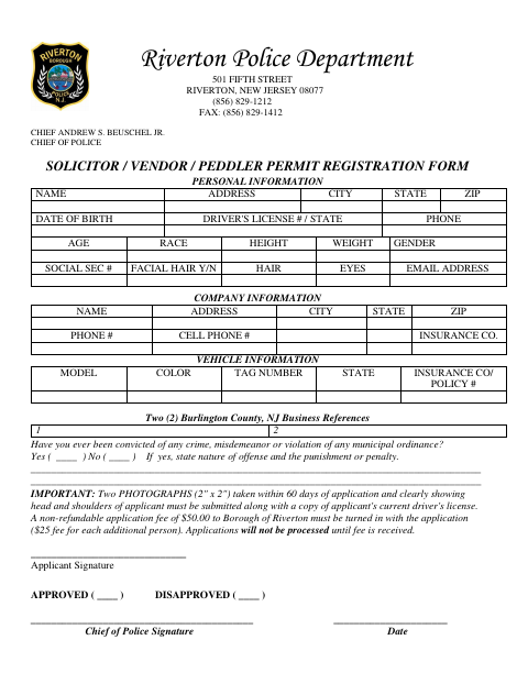 First page of the Solicitor/Vendor/Peddler Permit Registration Form